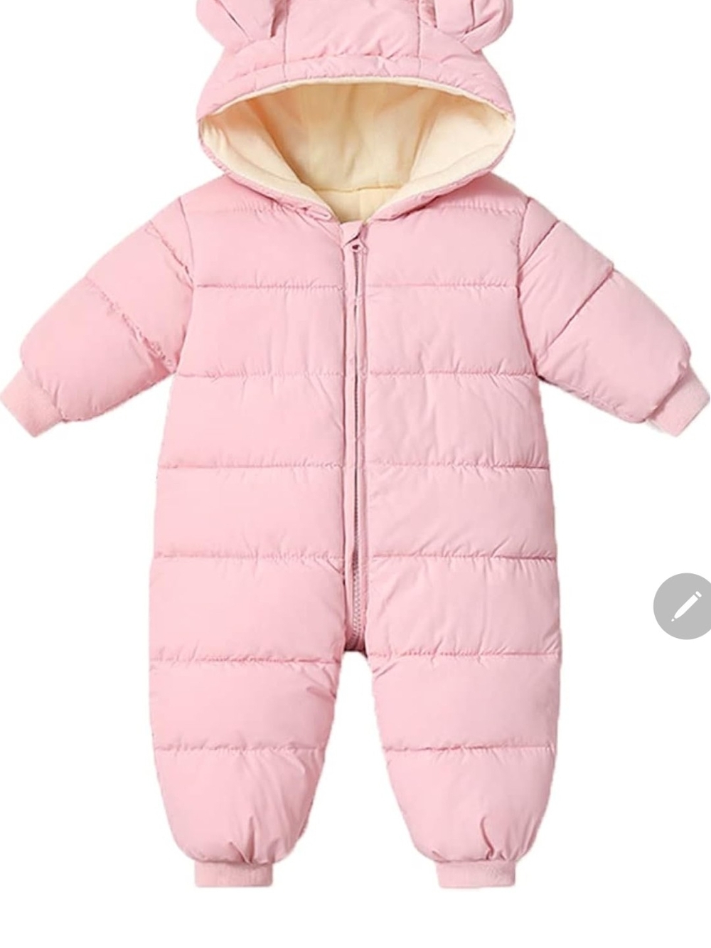 Pink Baby Puffer One-Piece Snowsuit with Bear Ears